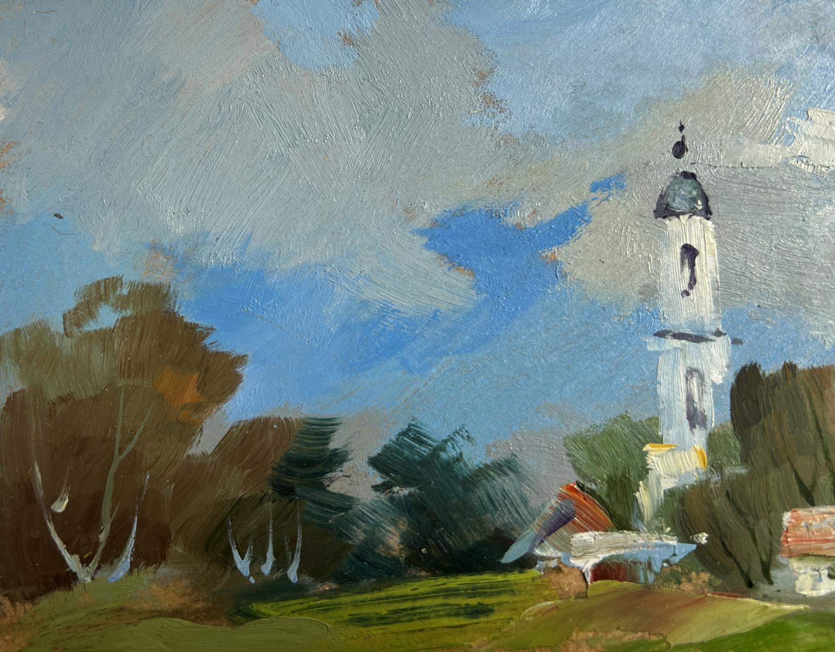 Impressionistic oil painting of Yuriy Suprunchuks village church tower with dark dome