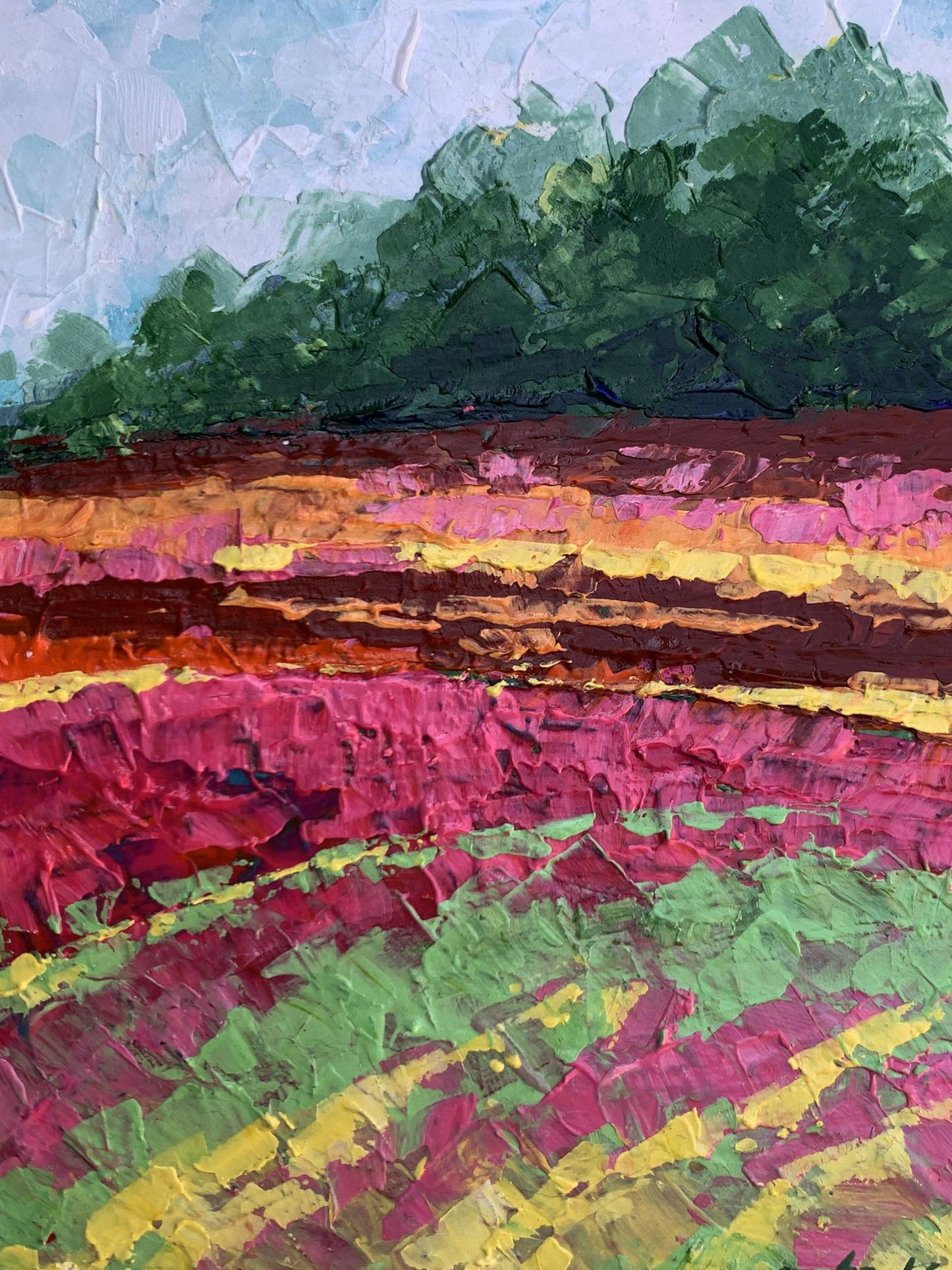 Vibrant oil painting of magenta yellow flower fields by V. Zadorozhnya