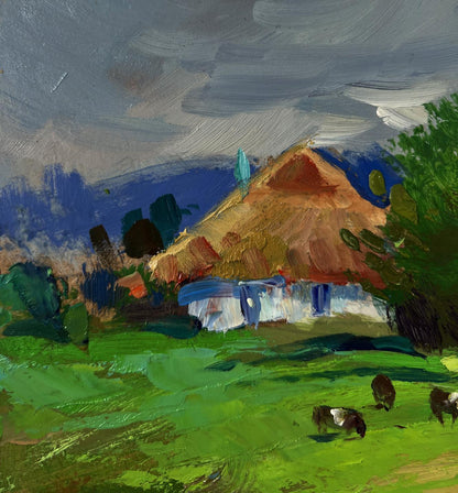 Oil painting by Yuriy Suprunchuk: path to rustic thatched cottage in green fields