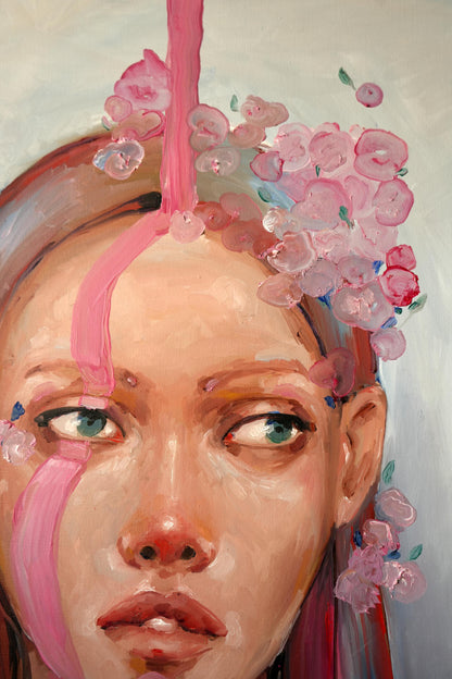 Oil painting Pink rain by Victoria Kagalovska with pink floral streaks