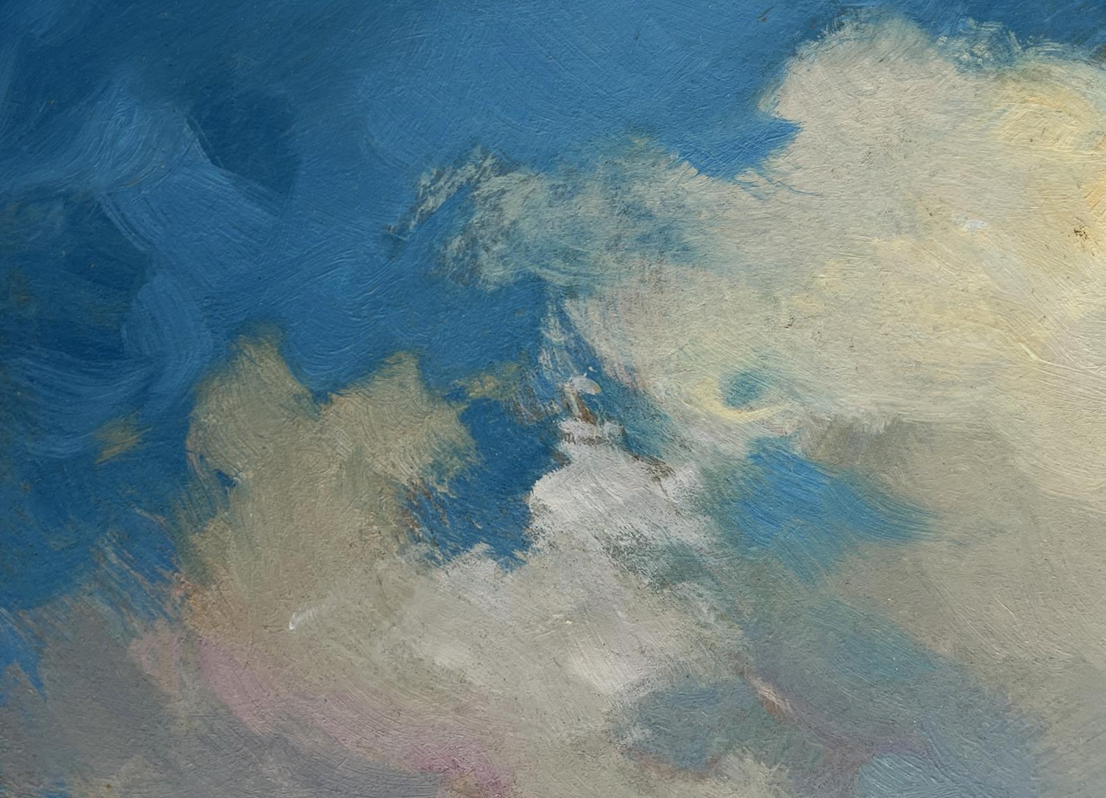 Oil painting Birds flying home by Yuriy Suprunchuk with swirling blue sky and clouds