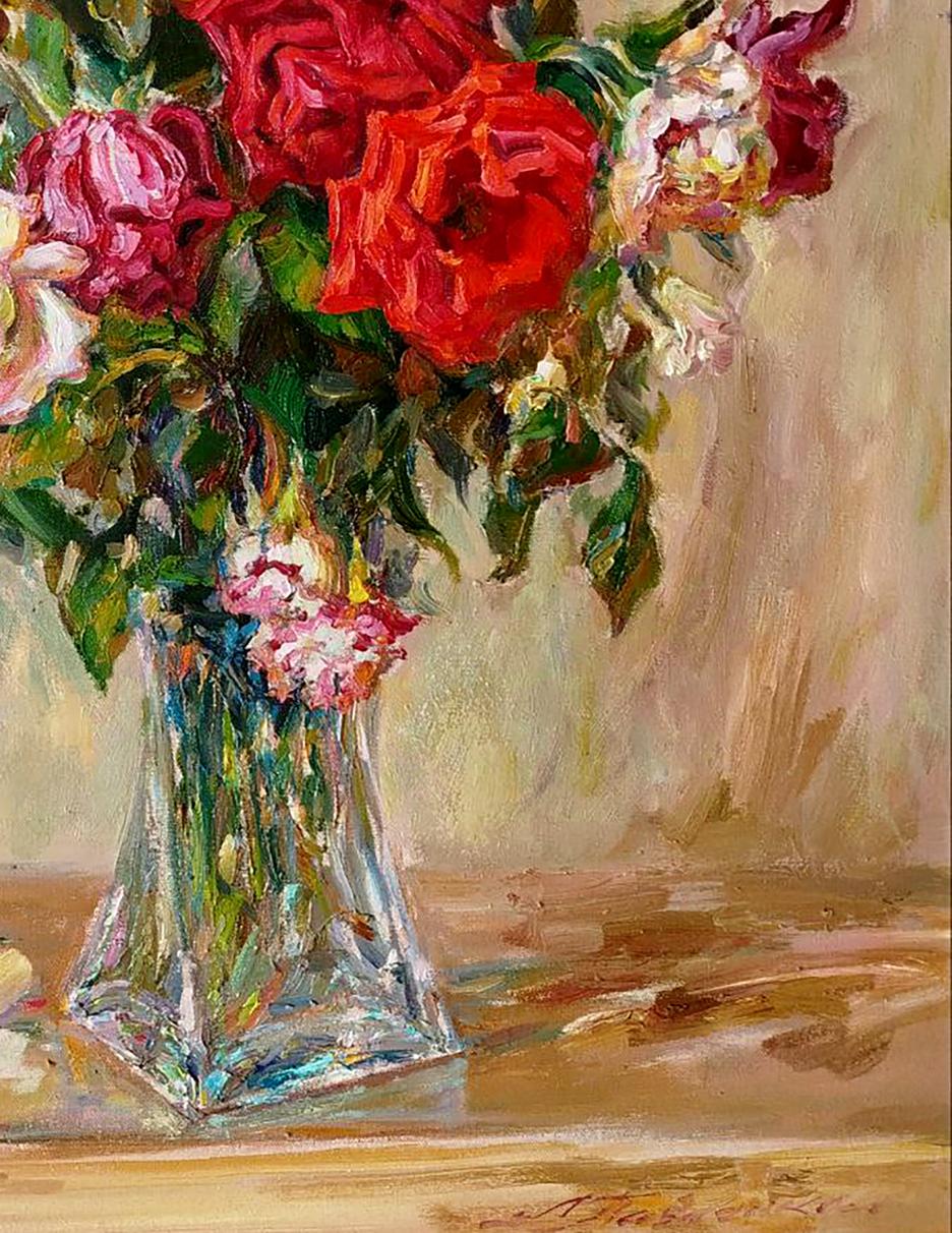 Oil painting of vibrant red pink white roses bouquet by Leonid Pavlenko