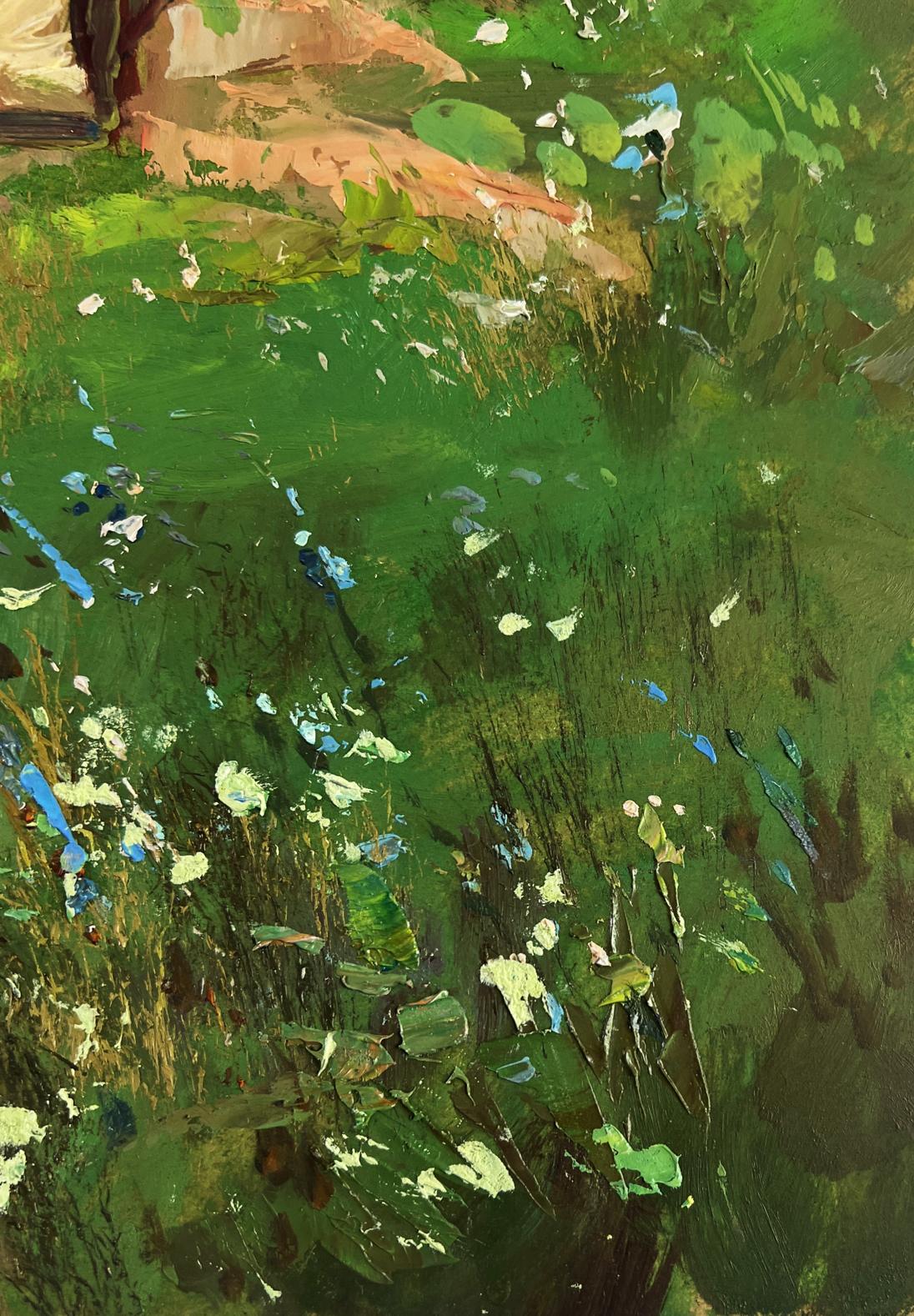 Vibrant impressionist oil painting by Yuriy Suprunchuk of lush summer village field