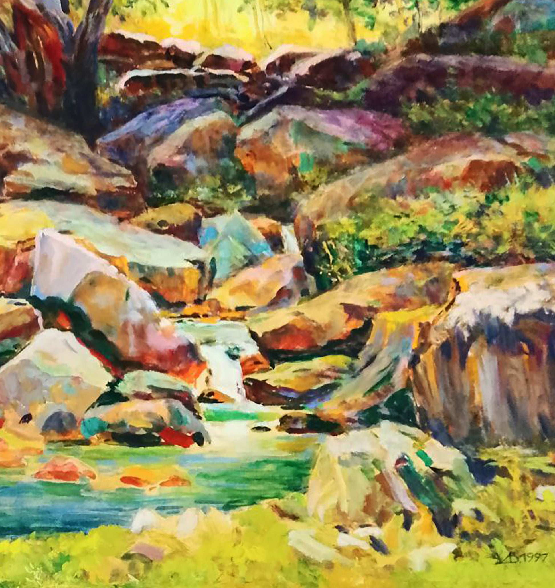 Vibrant impressionist oil painting of forest lake by Vitaly Duhnevich