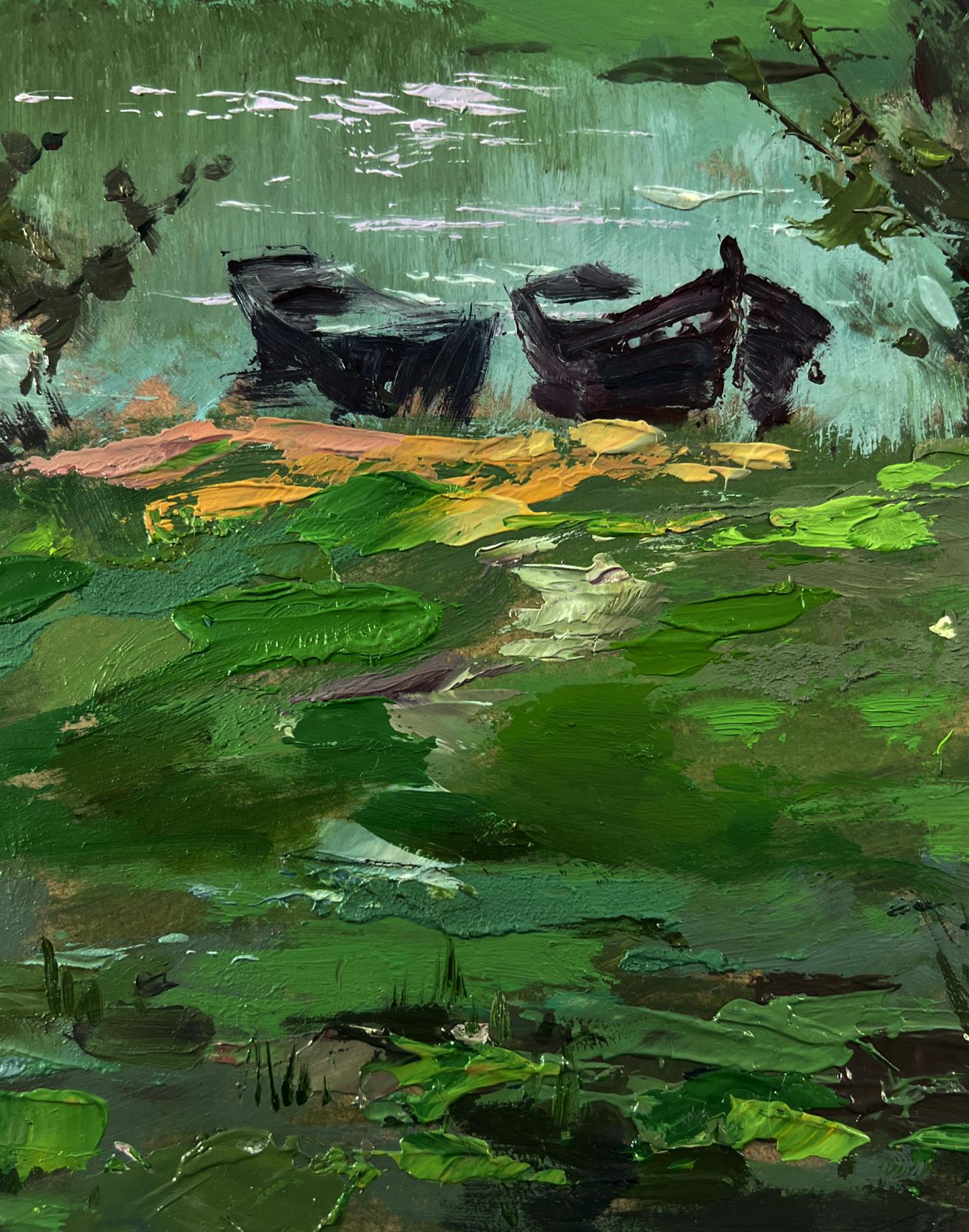 Oil painting of village river with two dark wooden boats on lily pad pond by Yuriy Suprunchuk