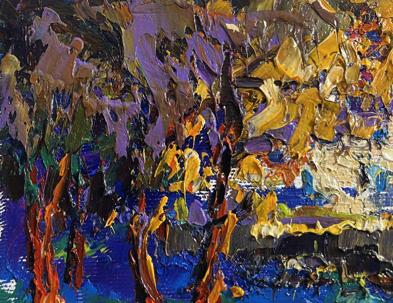 Vibrant oil painting of city autumn park by Oksana Ivanyuk