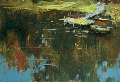 Oil painting Flowing among the trees by Yuriy Suprunchuk: tranquil pond with lily pads
