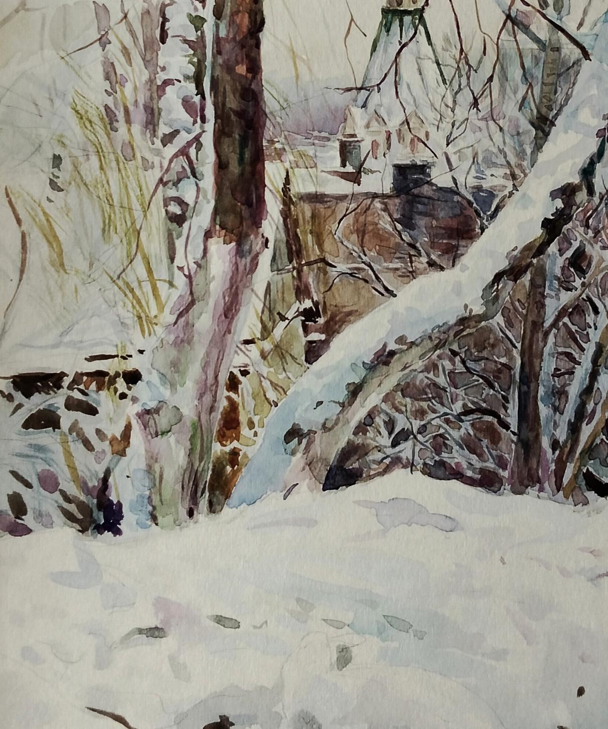 Watercolor painting of snowy forest with church by Vitaly Duhnevich