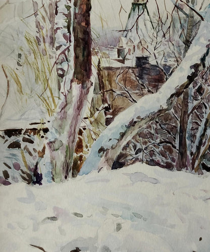 Watercolor painting of snowy forest with church by Vitaly Duhnevich