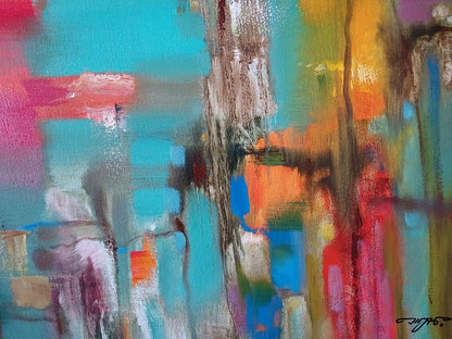 Vibrant abstract oil painting Cantata by Anatoly Tarabanov in teal pink orange blue