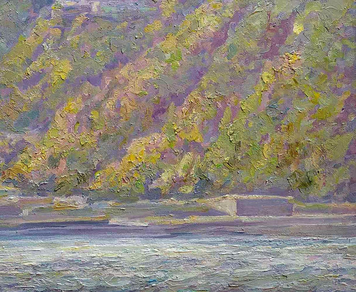 Oil painting View of the Lavra by Leonid Pavlenko: textured impressionist autumn hillside over calm water