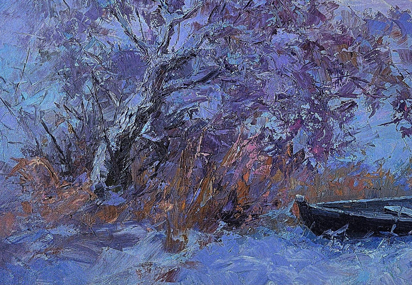 Oil painting Frosty morning by Boris Serdyuk: rowboat on snowy shore under purple tree