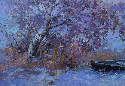 Oil painting Frosty morning by Boris Serdyuk: rowboat on snowy shore under purple tree