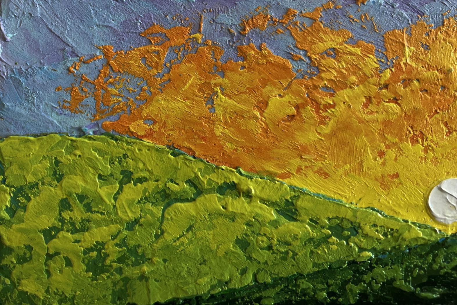 V. Zadorozhnya oil painting: textured sunset over flower field hills
