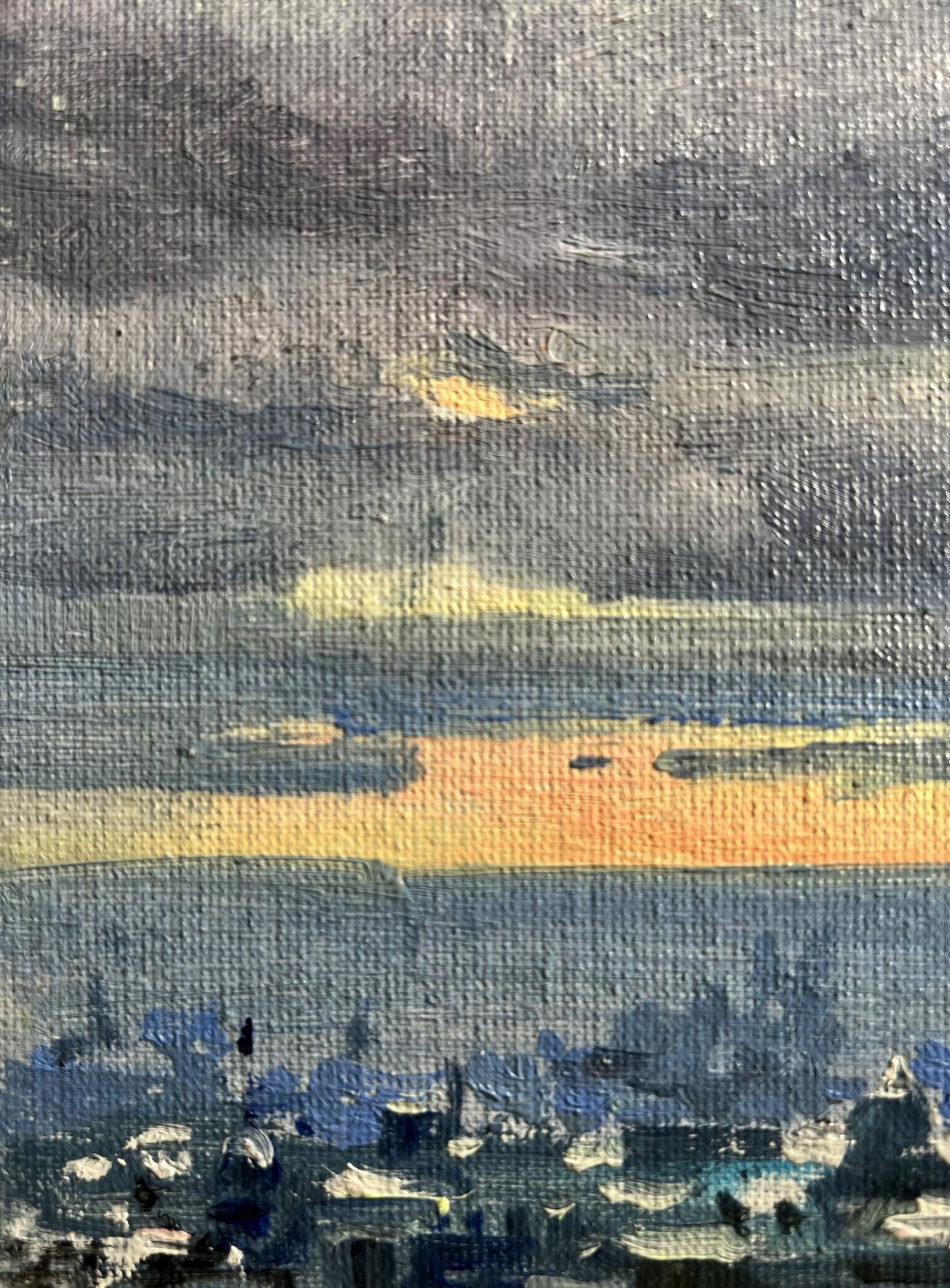 Oil painting Yellow sunset over the city Tatyana Derdey moody sky view