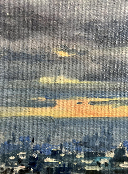 Oil painting Yellow sunset over the city Tatyana Derdey moody sky view