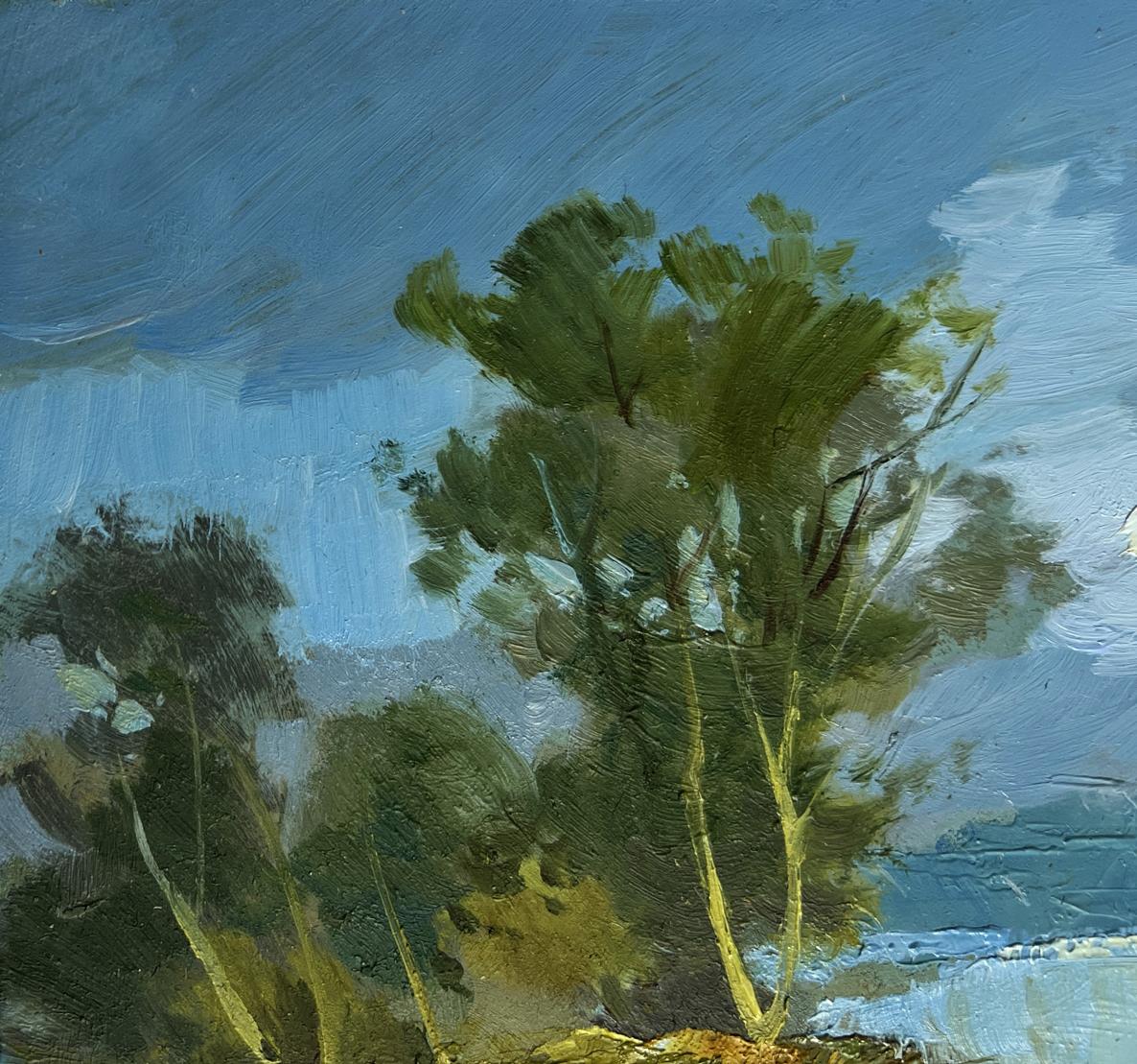 Textured oil painting of two green trees by Yuriy Suprunchuk against blue sky