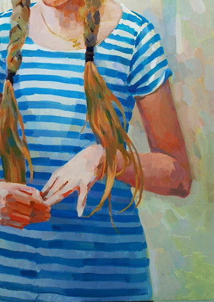 Oil painting of girl in blue white striped top with braids by Anastasia Yaroshevich