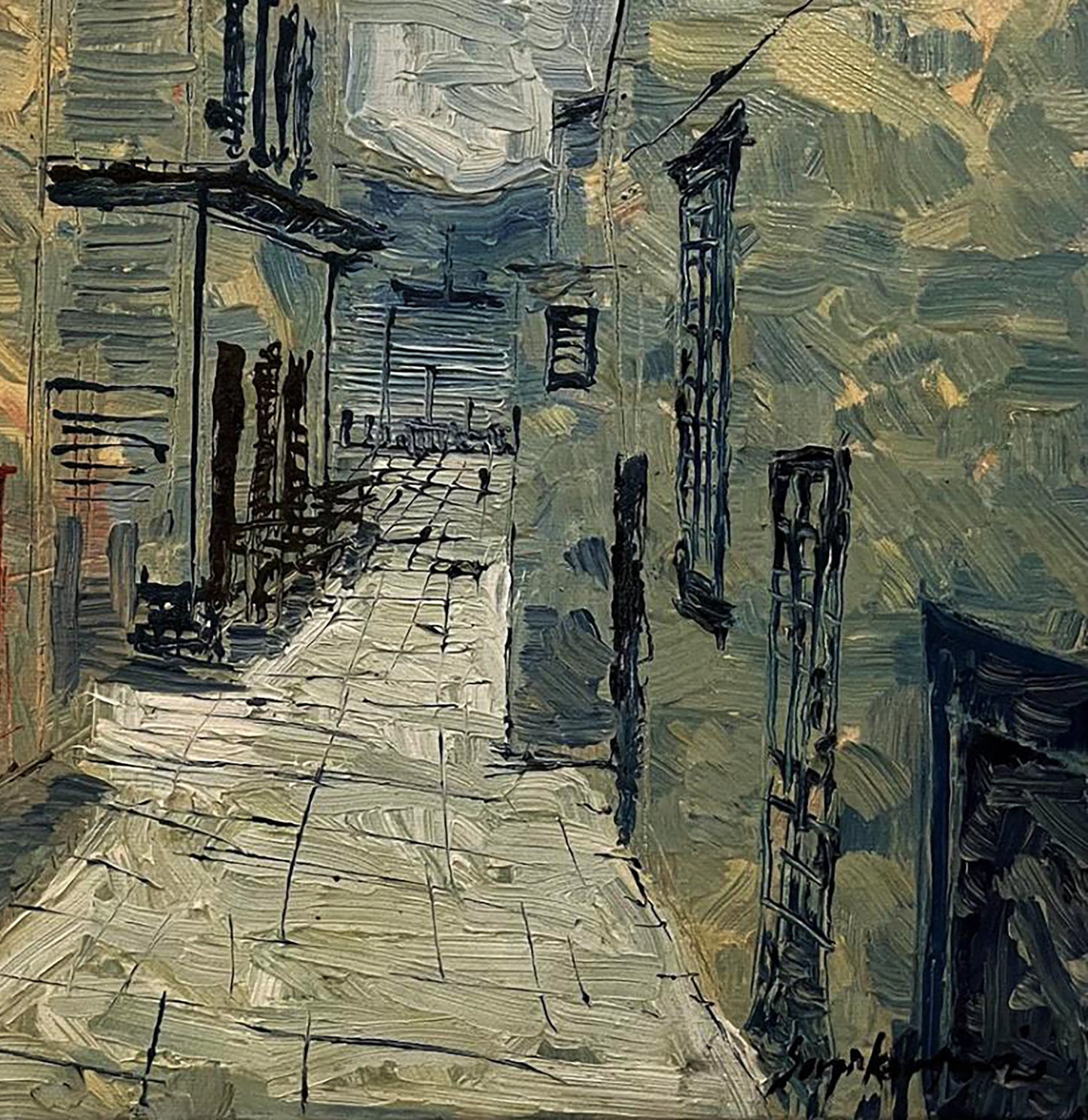 Oil painting Visibility by Serhiy Kovalev: textured gray blue alleyway