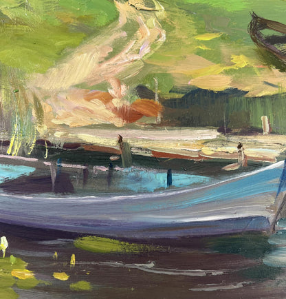 Oil painting of serene village boat ferry by Yuriy Suprunchuk