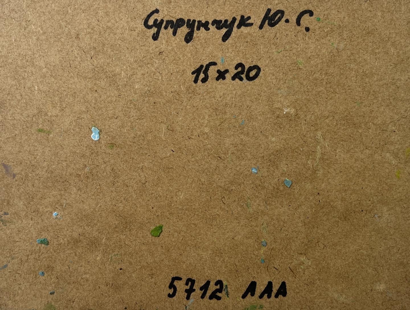 Back of Yuriy Suprunchuk oil painting Quiet village life with Cyrillic text and paint splatters