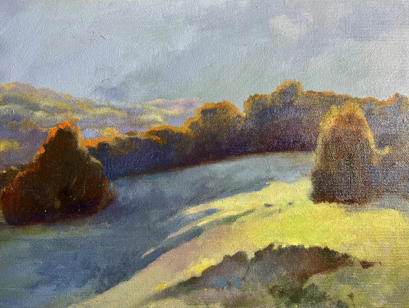 Oil painting Autumn mountains by Tatyana Derdey serene hills in golden blue hues