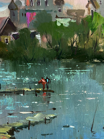 Oil painting River near the church by Yuriy Suprunchuk serene water scene