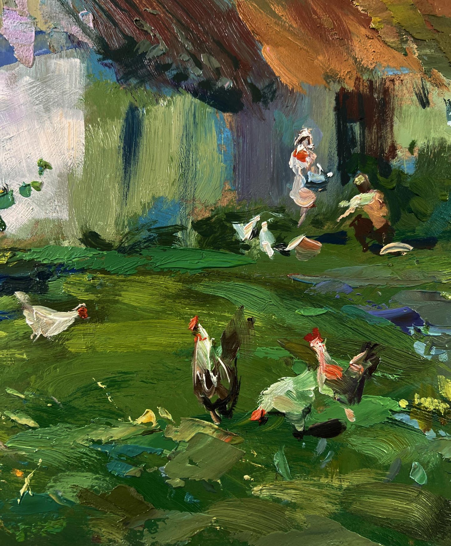 Vibrant impressionist oil painting of village with chickens by Yuriy Suprunchuk