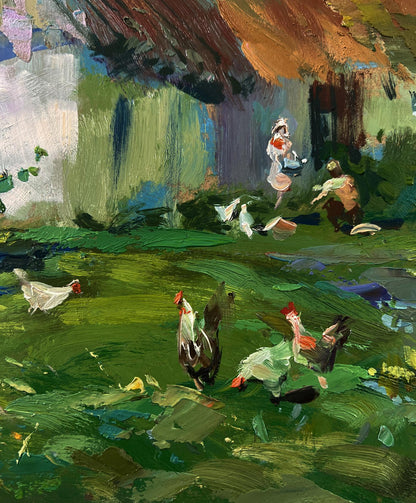 Vibrant impressionist oil painting of village with chickens by Yuriy Suprunchuk
