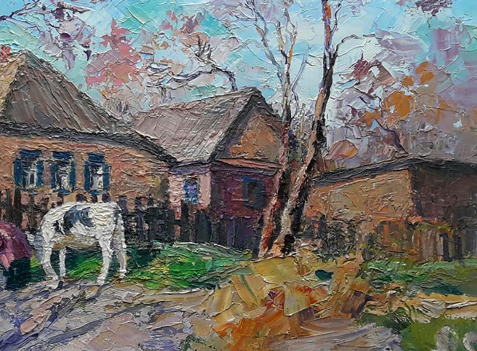 Oil painting rural landscape by Boris Serdyuk: rustic village with white horse
