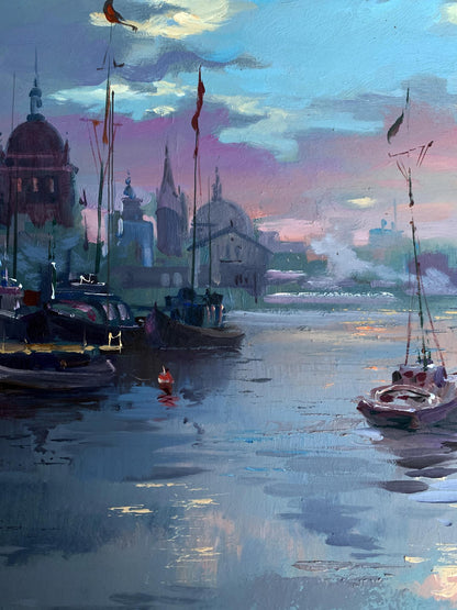 Serene impressionist oil painting of romantic sailing harbor at dusk by Yuriy Suprunchuk
