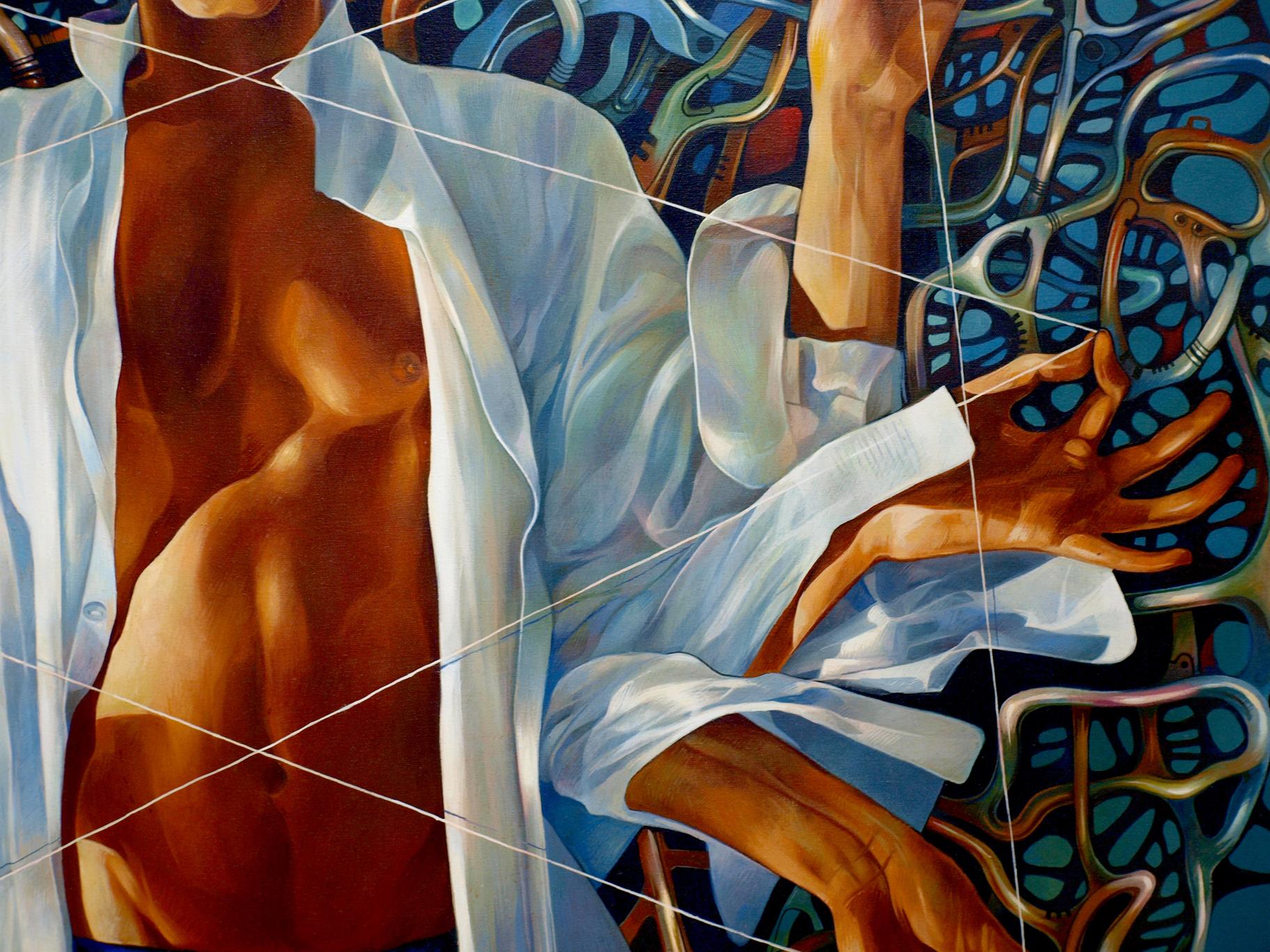 Oil painting Banyan by Konsta G. Amelinn: mans torso in open white shirt