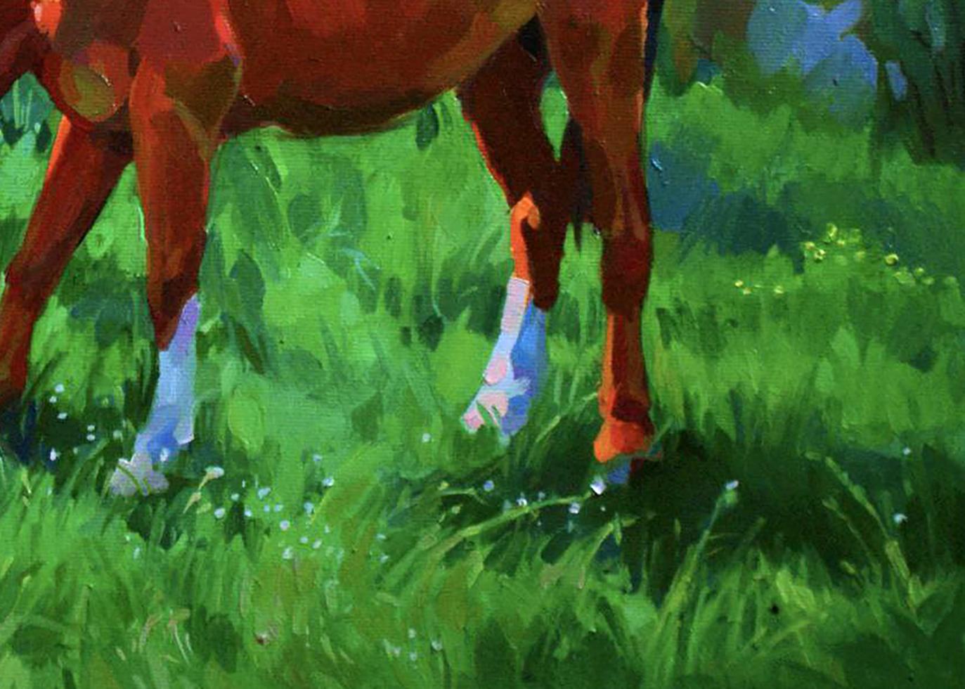 Oil painting Out to pasture by Anastasia Yaroshevich: red horse in green grass
