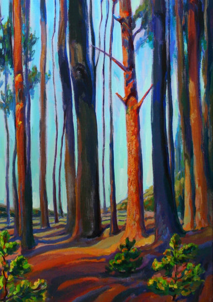 Vibrant acrylic painting of summer pine forest by Leonid Pavlenko