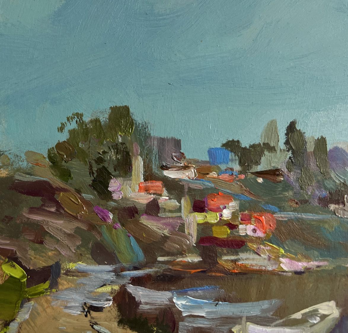 Vibrant impressionist oil painting by Yuriy Suprunchuk of coastal village with ferry