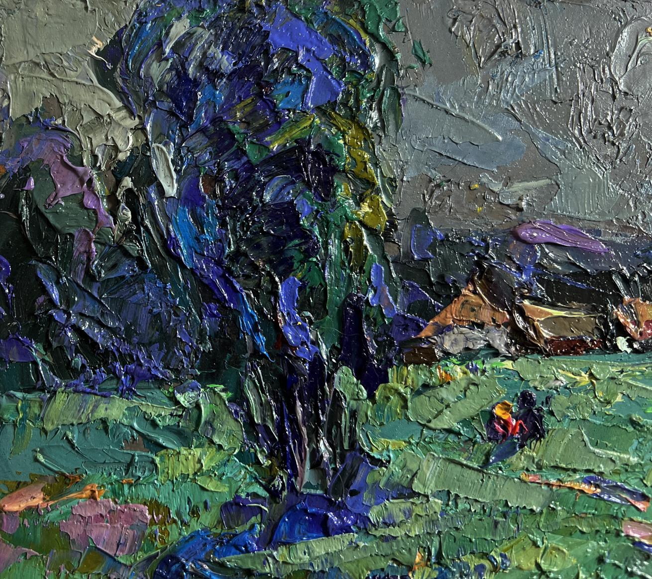 Oil painting Light from the moon by Oleksiy Ivanyuk with textured blue tree