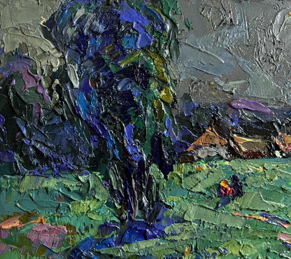 Oil painting Light from the moon by Oleksiy Ivanyuk with textured blue tree