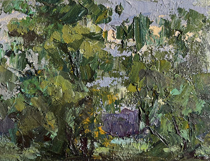 Oil painting Along the Country Road by Boris Serdyuk: impressionistic green forest