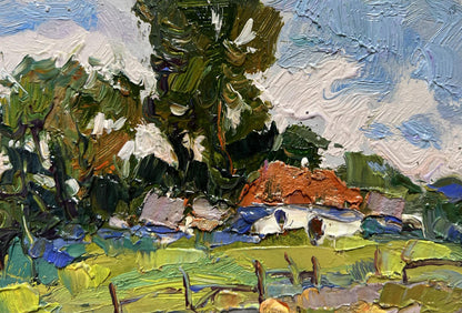 Oil painting by Oksana Ivanyuk: rustic white house, orange roof, pumpkins in lush garden