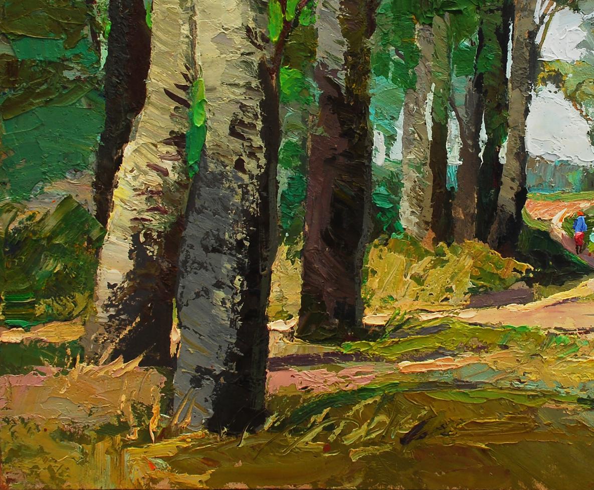 Textured impasto oil painting of tall white birch trees by Egor Shvachunov