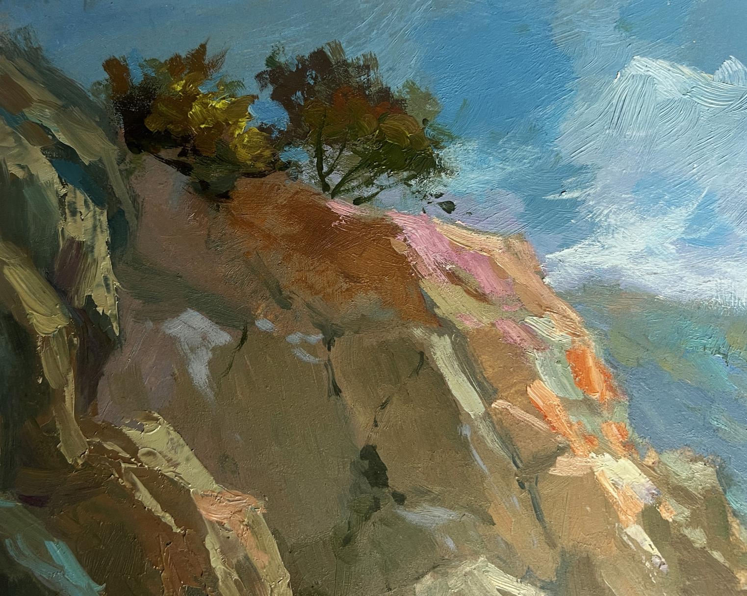 Textured oil painting of rocky cliffside and boat sailing to shore by Yuriy Suprunchuk