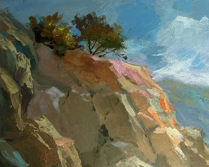 Textured oil painting of rocky cliffside and boat sailing to shore by Yuriy Suprunchuk
