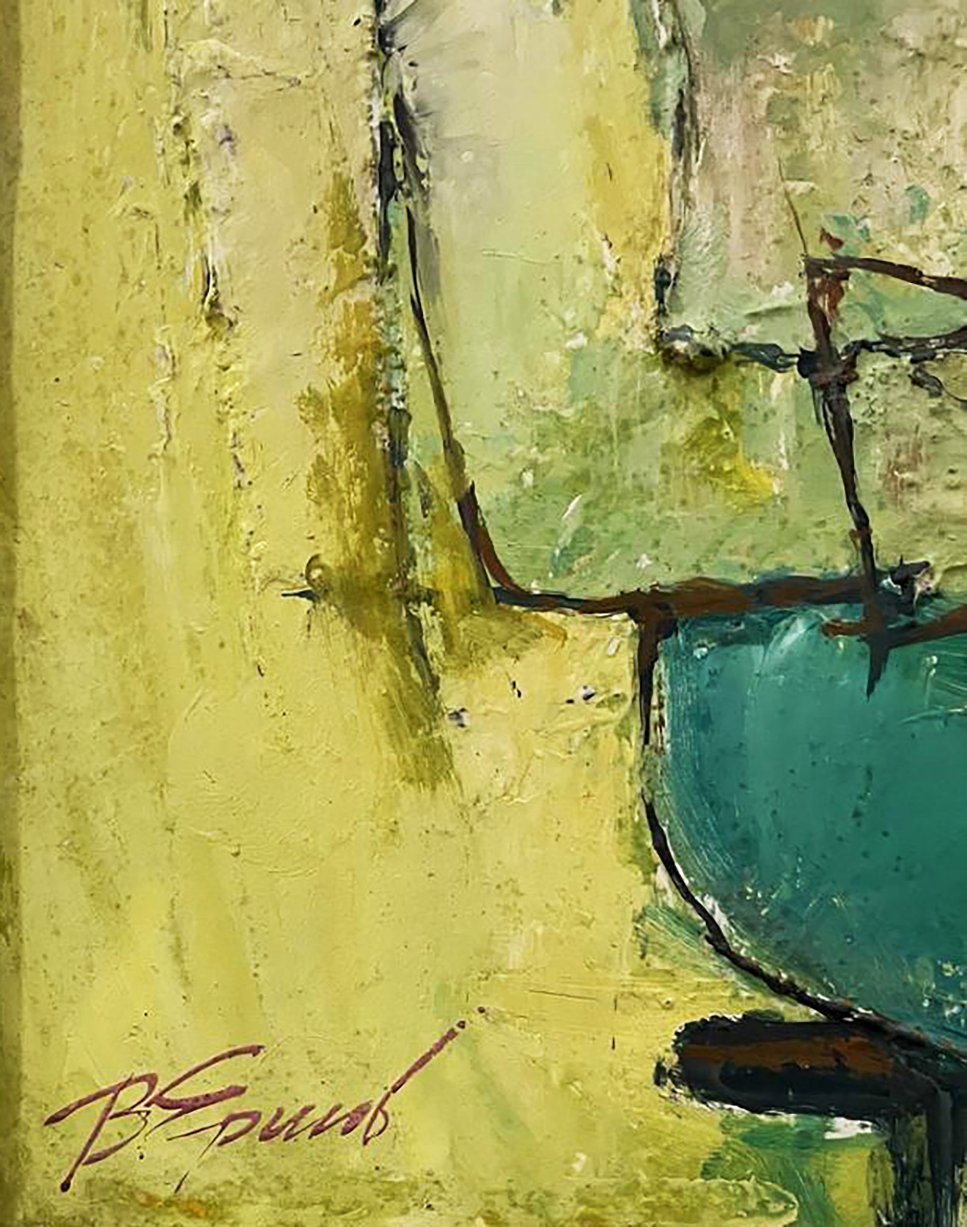Oil painting Autumn sadness by Victor Yershov, textured yellow teal abstract