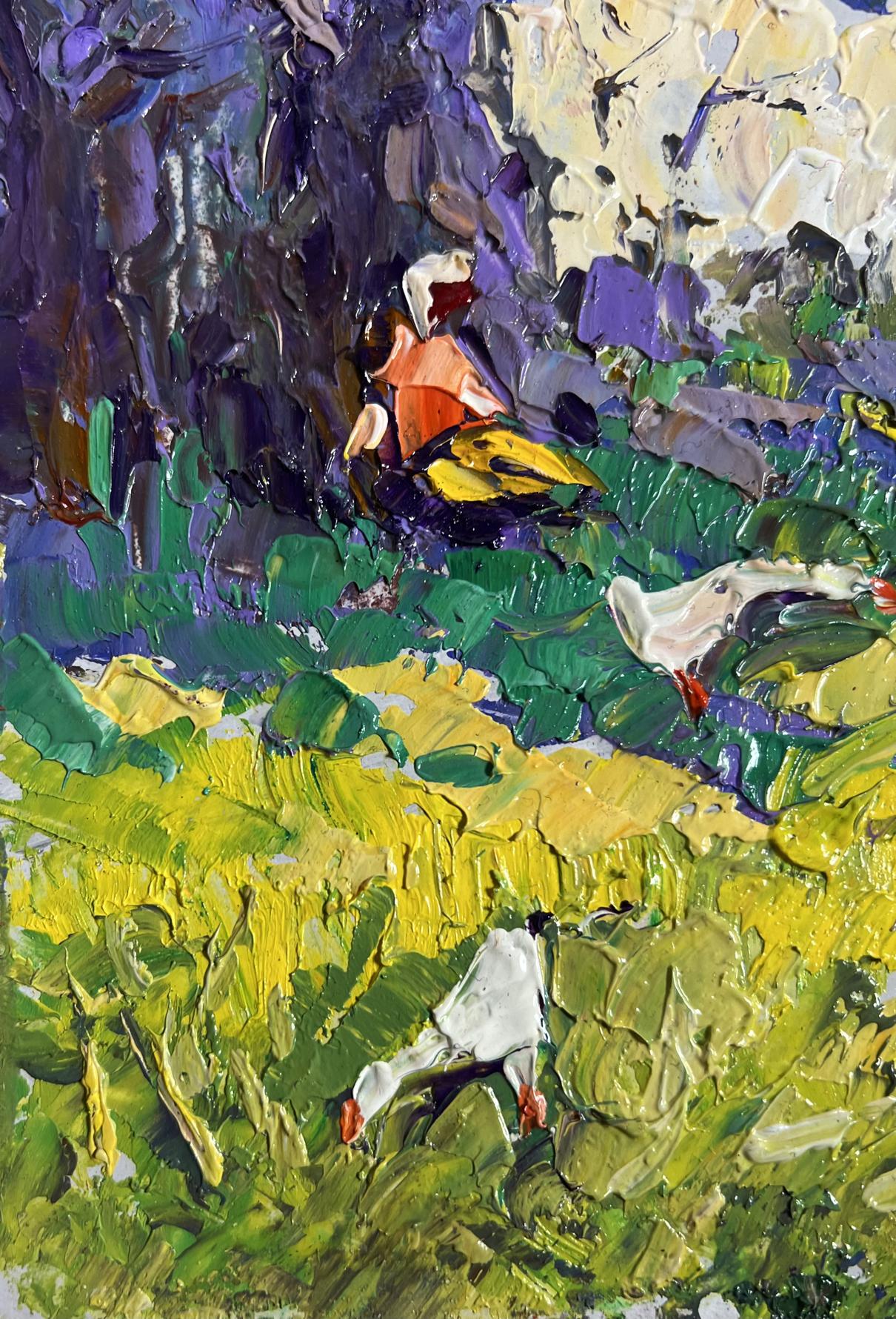 Vibrant oil painting Relaxing in the meadow by Oleksiy Ivanyuk with green fields and geese