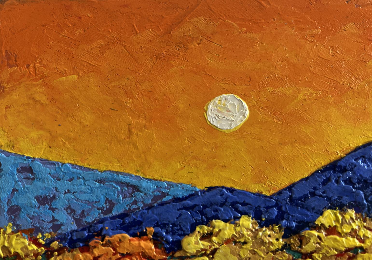 Oil painting Sunset colors over the peaks V. Zadorozhnya textured canvas moonlit mountains