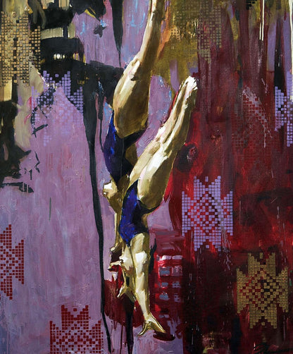Golden diver mid-air in Gravity Ed Potapenkov oil painting with vibrant pixelated patterns