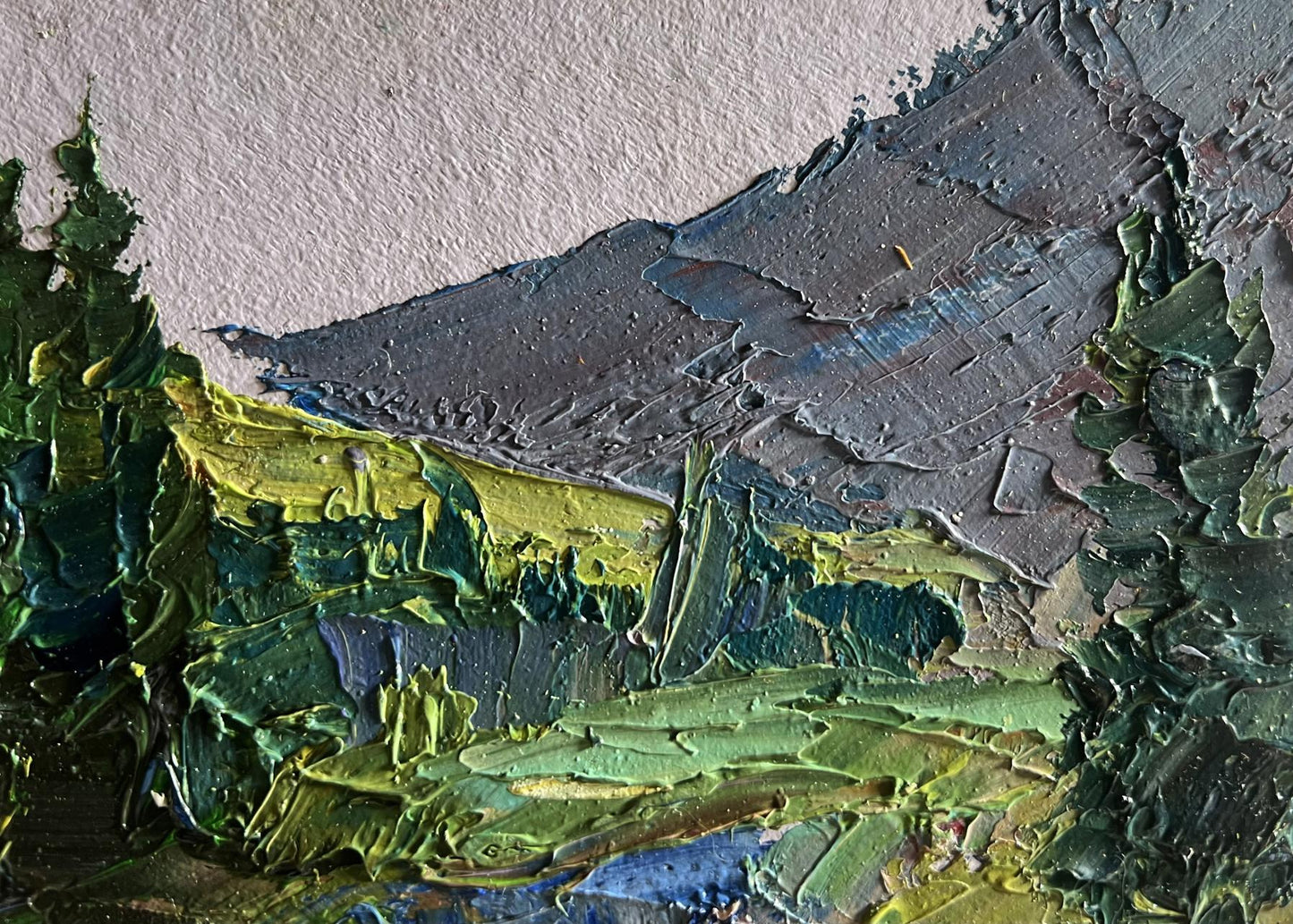 Textured oil painting of houses in mountains by Boris Serdyuk
