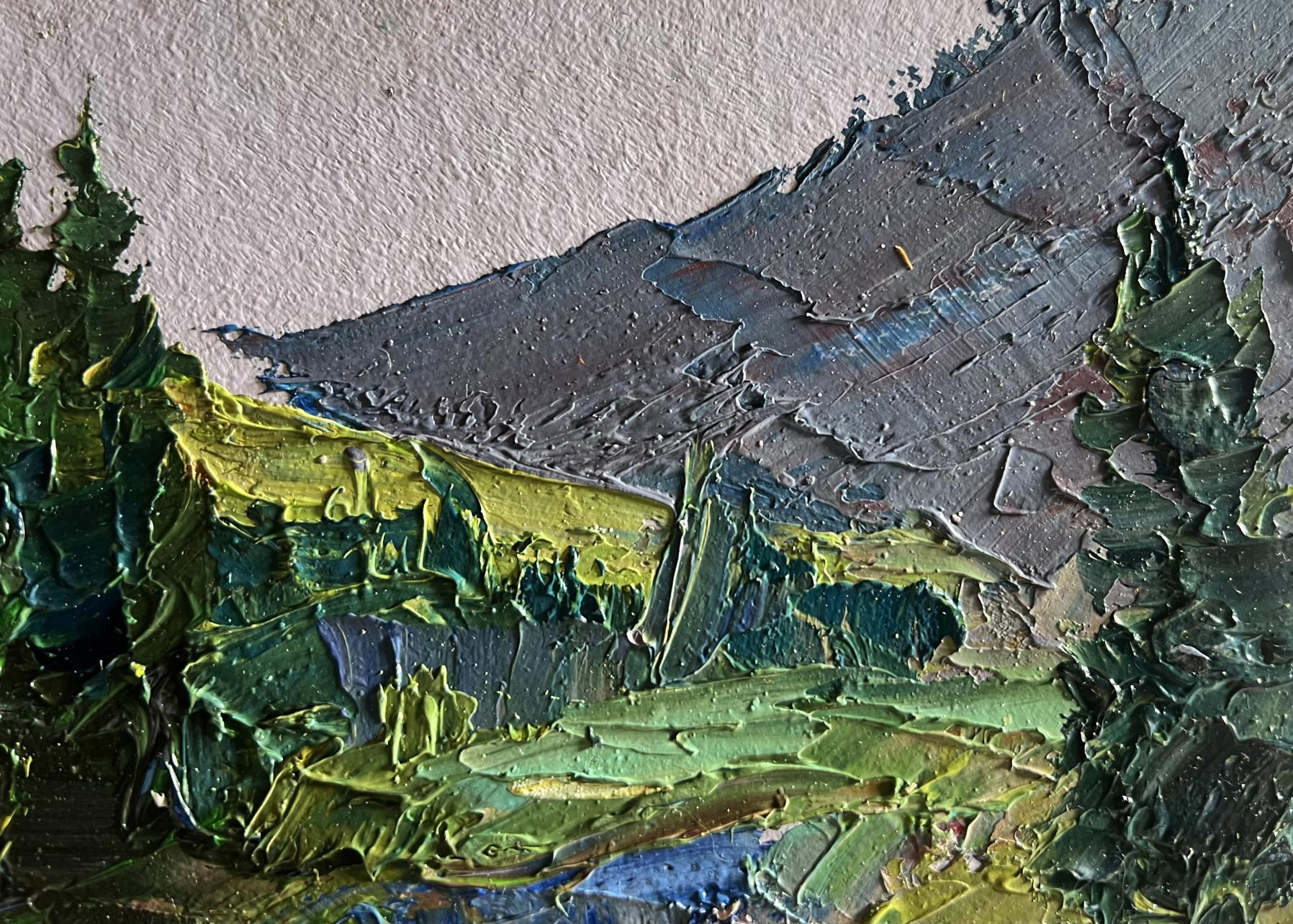 Textured oil painting of houses in mountains by Boris Serdyuk