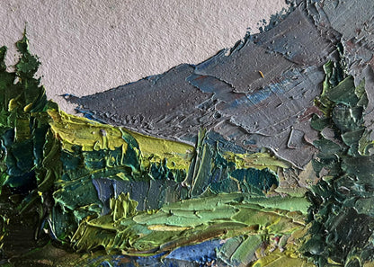 Textured oil painting of houses in mountains by Boris Serdyuk