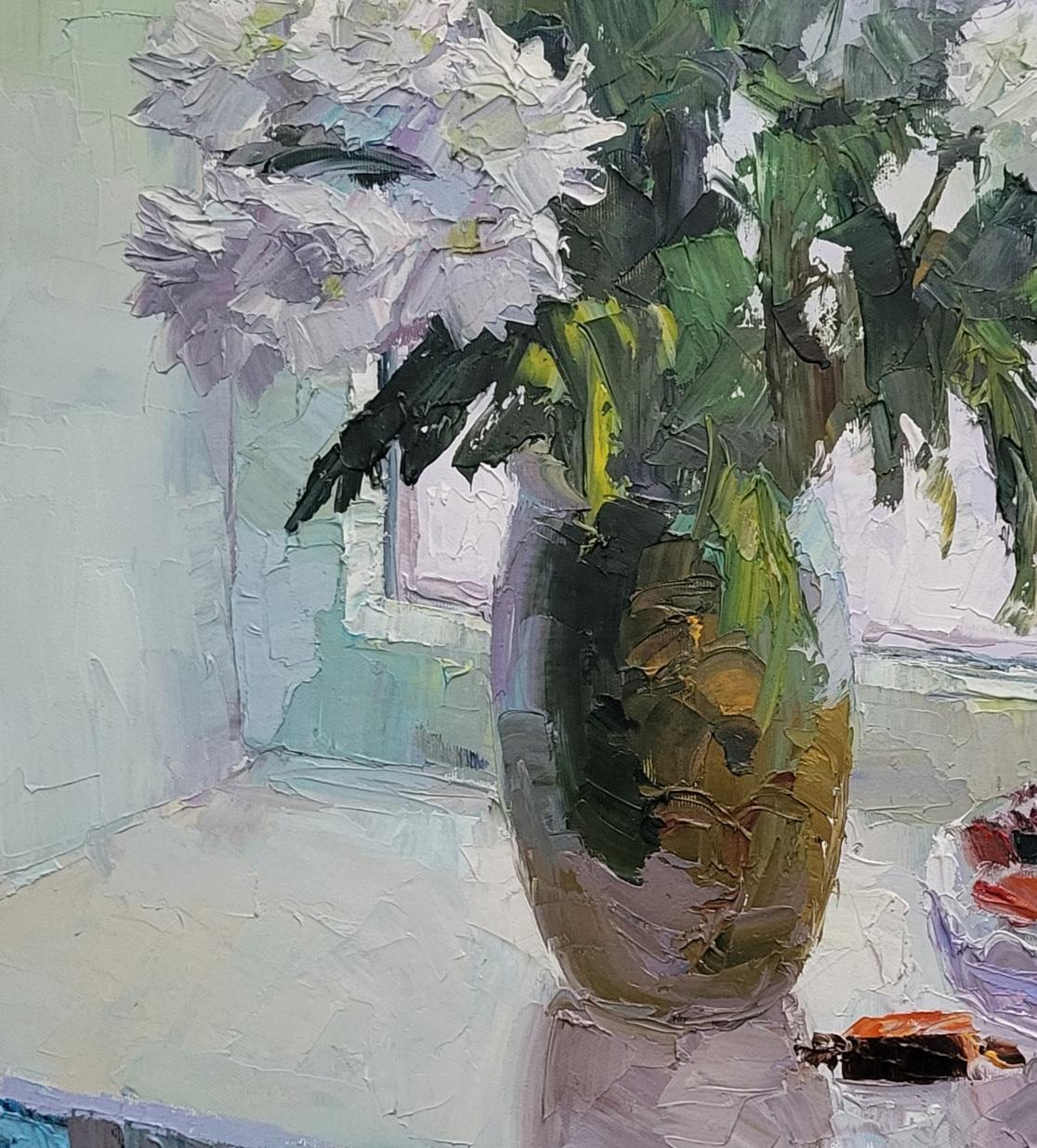 Oil painting Flowers on the window by Boris Serdyuk with textured vase of white lavender flowers